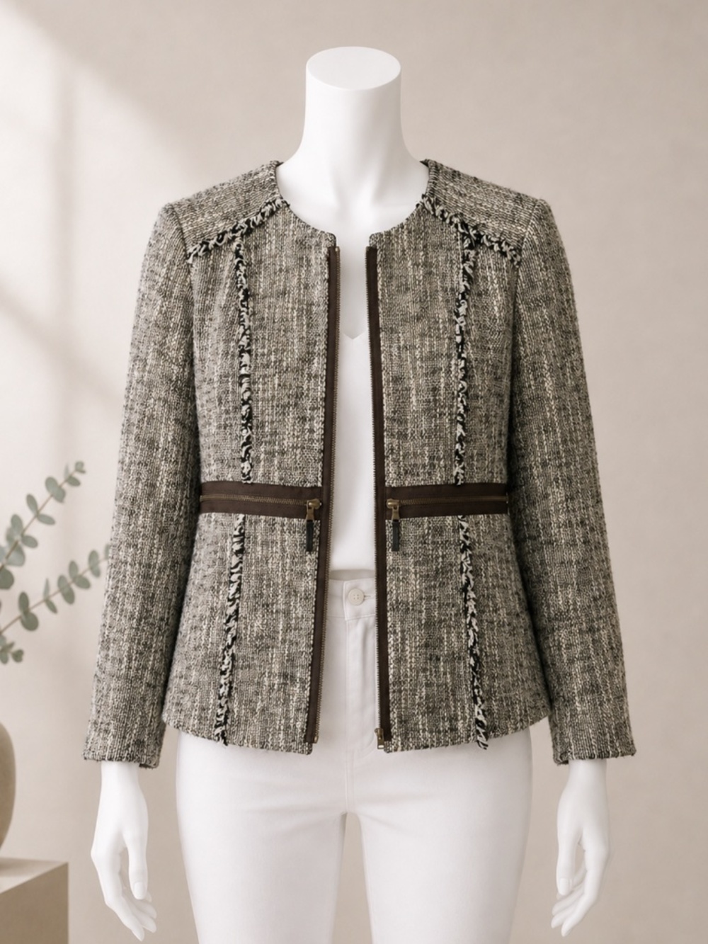Etcetera Women's Brown Textured Tweed Zip-front Jacket Size 6